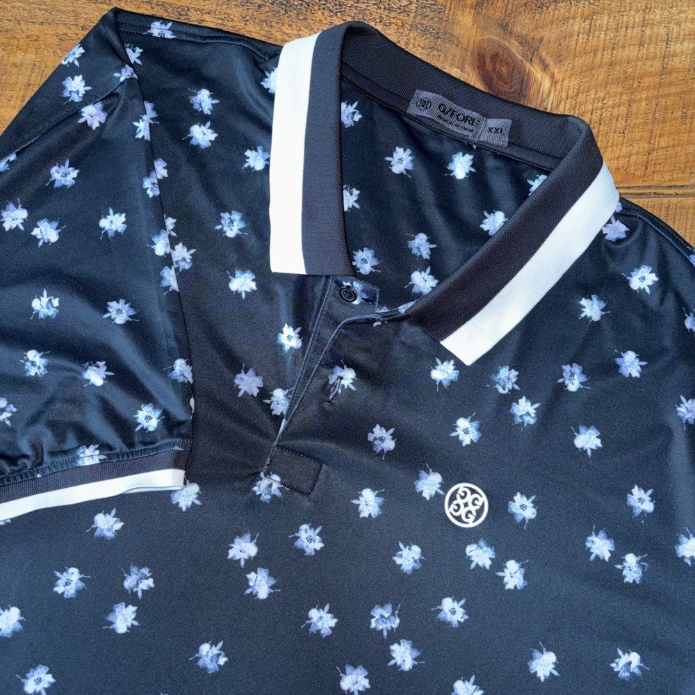 G/FORE Mens Performance Golf Short Sleeve Black Floral Print Polo Shirt Logo XXL